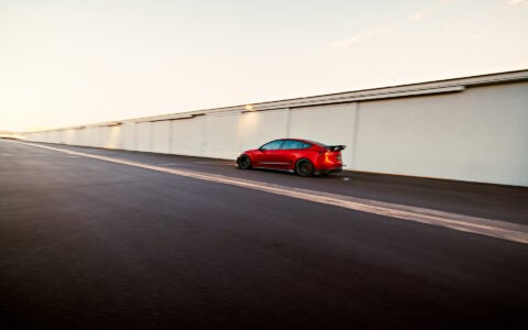 Ultra Red Tesla Model 3 Performance on 18-Inch UP Forged Race Spec UP-03 Wheels in Gloss Black 17