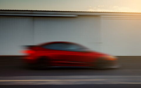 Ultra Red Tesla Model 3 Performance on 18-Inch UP Forged Race Spec UP-03 Wheels in Gloss Black 18