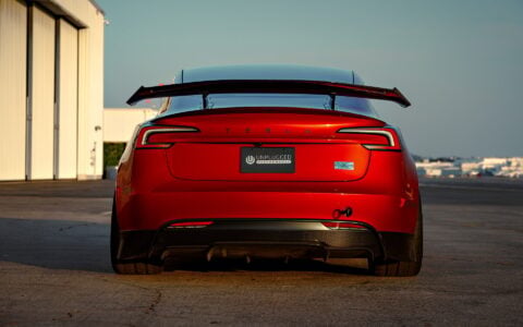 Ultra Red Tesla Model 3 Performance on 18-Inch UP Forged Race Spec UP-03 Wheels in Gloss Black 6