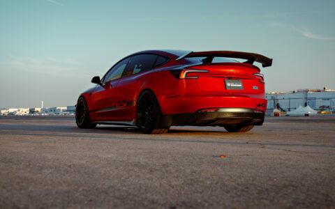 Ultra Red Tesla Model 3 Performance on 18-Inch UP Forged Race Spec UP-03 Wheels in Gloss Black 7