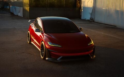 Ultra Red Tesla Model 3 Performance on 18-Inch UP Forged Race Spec UP-03 Wheels in Gloss Black 14
