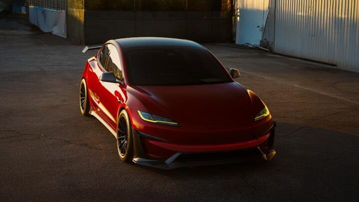 Ultra Red Tesla Model 3 Performance on 18-Inch UP Forged Race Spec UP-03 Wheels in Gloss Black