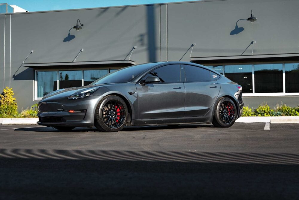 Stealth Grey Tesla Model 3 Performance on 18-Inch UP Forged UP-03 Wheels in Gloss Black