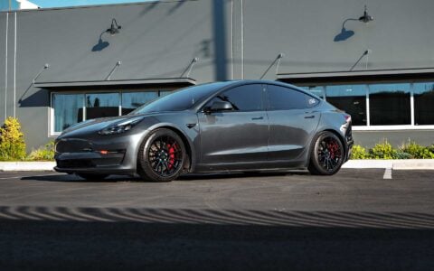 Stealth Grey Tesla Model 3 Performance on 18-Inch UP Forged UP-03 Wheels in Gloss Black