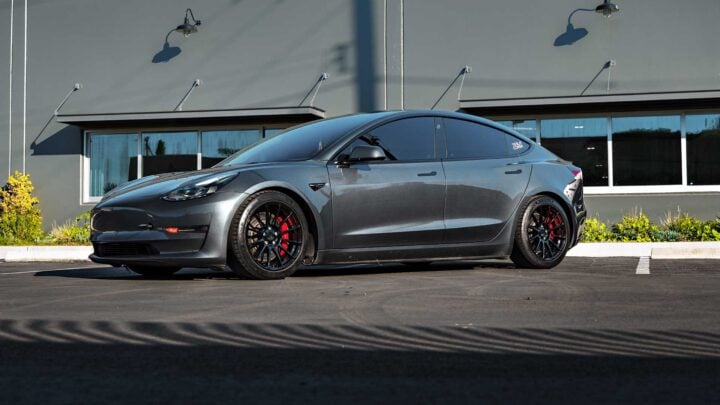 Stealth Grey Tesla Model 3 Performance on 18-Inch UP Forged UP-03 Wheels in Gloss Black