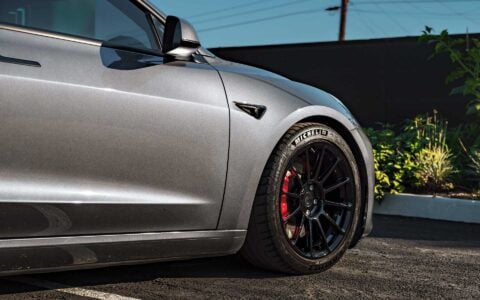 Stealth Grey Tesla Model 3 Performance on 18-Inch UP Forged UP-03 Wheels in Gloss Black