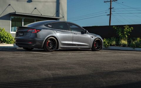 Stealth Grey Tesla Model 3 Performance on 18-Inch UP Forged UP-03 Wheels in Gloss Black