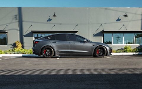 Stealth Grey Tesla Model 3 Performance on 18-Inch UP Forged UP-03 Wheels in Gloss Black