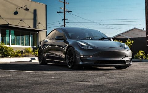 Stealth Grey Tesla Model 3 Performance on 18-Inch UP Forged UP-03 Wheels in Gloss Black