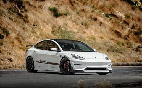Pearl White Multi-Coat Unplugged Performance Tesla Model 3 Ascension-R - Carbon Fiber Aero, Race Suspension, Ceramic Brakes, Bucket Seats, Wing, and Forged Wheels