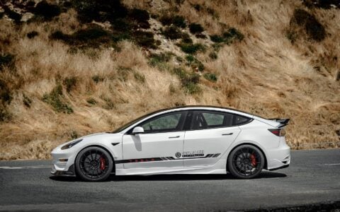 Pearl White Multi-Coat Unplugged Performance Tesla Model 3 Ascension-R - Carbon Fiber Aero, Race Suspension, Ceramic Brakes, Bucket Seats, Wing, and Forged Wheels