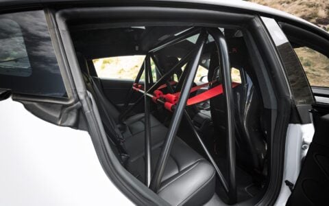 Pearl White Multi-Coat Unplugged Performance Tesla Model 3 Ascension-R - Carbon Fiber Aero, Race Suspension, Ceramic Brakes, Bucket Seats, Wing, and Forged Wheels