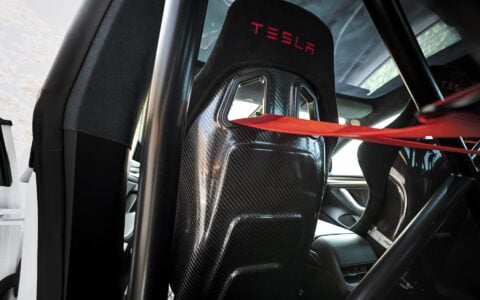 Pearl White Multi-Coat Unplugged Performance Tesla Model 3 Ascension-R - Carbon Fiber Aero, Race Suspension, Ceramic Brakes, Bucket Seats, Wing, and Forged Wheels