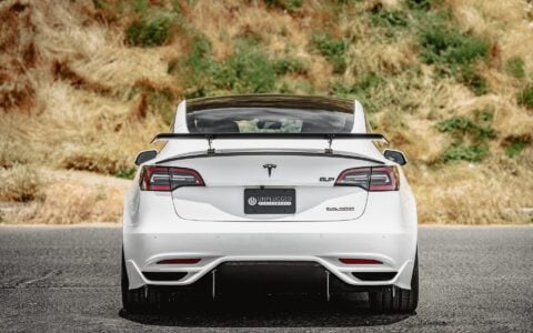 Pearl White Multi-Coat Unplugged Performance Tesla Model 3 Ascension-R - Carbon Fiber Aero, Race Suspension, Ceramic Brakes, Bucket Seats, Wing, and Forged Wheels