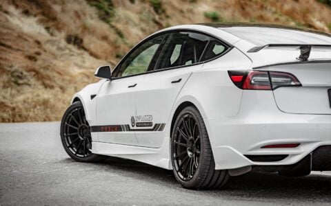 Pearl White Multi-Coat Unplugged Performance Tesla Model 3 Ascension-R - Carbon Fiber Aero, Race Suspension, Ceramic Brakes, Bucket Seats, Wing, and Forged Wheels
