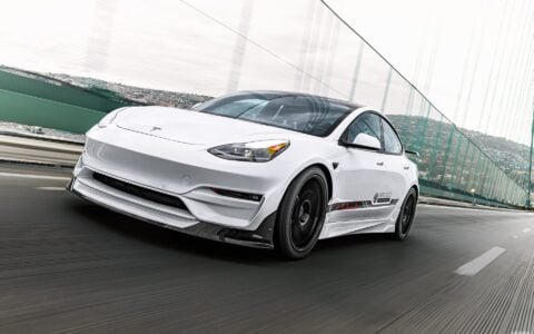Pearl White Multi-Coat Unplugged Performance Tesla Model 3 Ascension-R - Carbon Fiber Aero, Race Suspension, Ceramic Brakes, Bucket Seats, Wing, and Forged Wheels