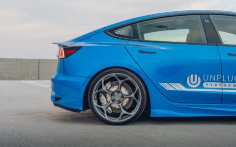 Metallic Blue Tesla Model 3 - UP-05 Wheels In Satin Titanium