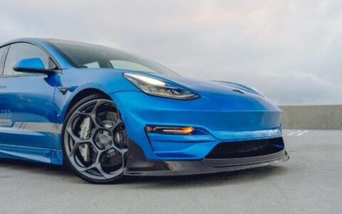 Metallic Blue Tesla Model 3 - UP-05 Wheels In Satin Titanium