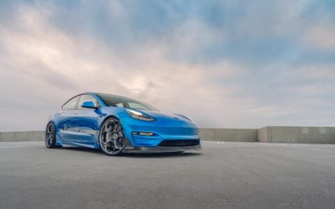 Metallic Blue Tesla Model 3 - UP-05 Wheels In Satin Titanium