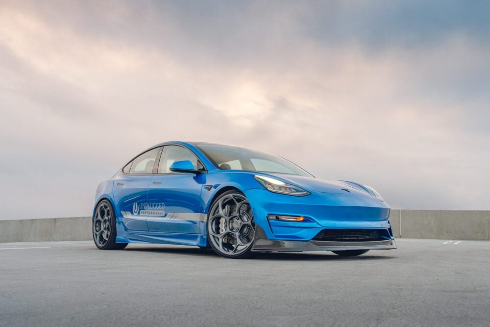 Metallic Blue Tesla Model 3 – UP-05 Forged Wheels In Satin Titanium