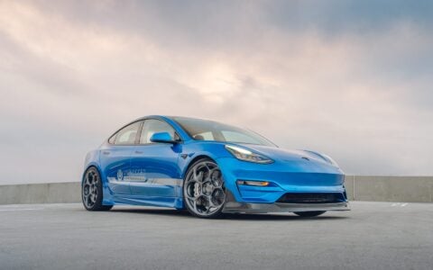 Metallic Blue Tesla Model 3 - UP-05 Wheels In Satin Titanium