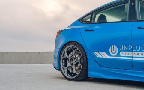 Metallic Blue Tesla Model 3 - UP-05 Wheels In Satin Titanium