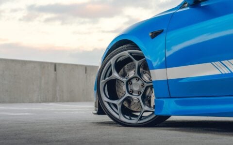 Metallic Blue Tesla Model 3 - UP-05 Wheels In Satin Titanium