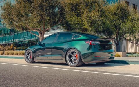 British Racing Green Tesla Model 3 - UP-05 Wheels in Satin Titanium