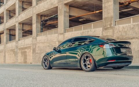 British Racing Green Tesla Model 3 - UP-05 Wheels in Satin Titanium