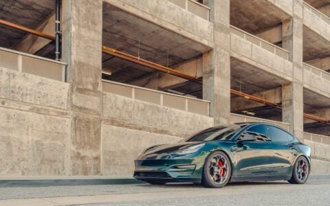 British Racing Green Tesla Model 3 - UP-05 Wheels in Satin Titanium