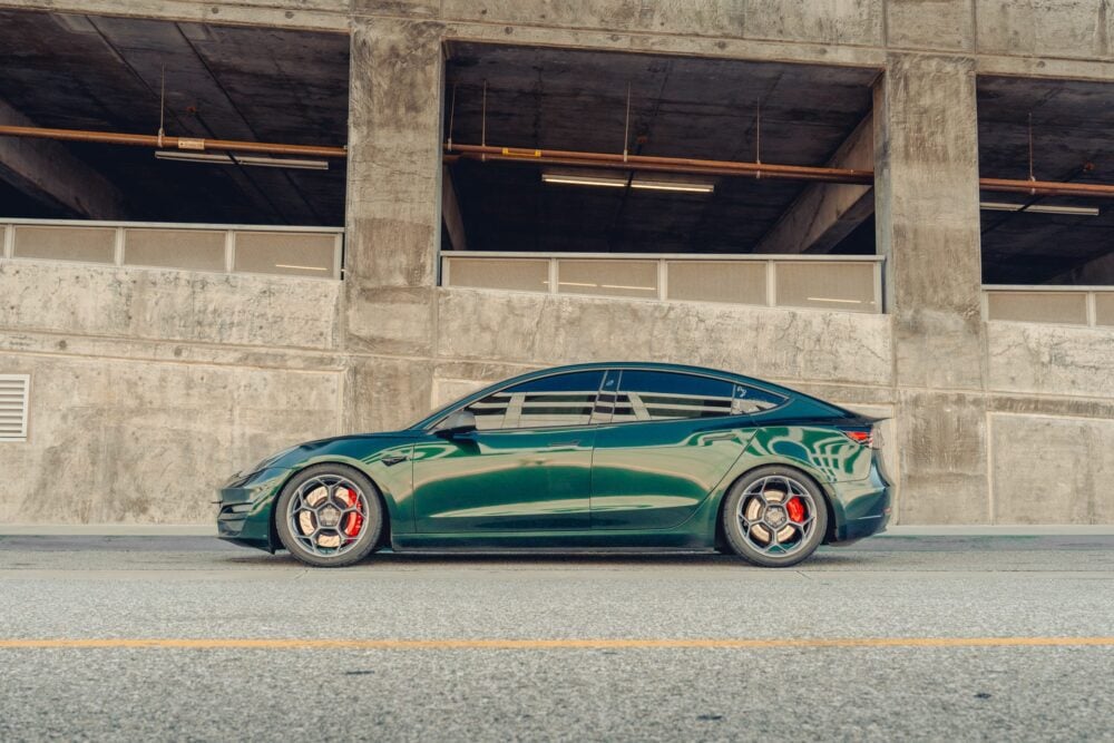 British Racing Green Tesla Model 3 – UP-05 Forged Wheels in Satin Titanium