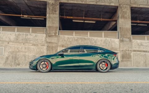 British Racing Green Tesla Model 3 - UP-05 Wheels in Satin Titanium