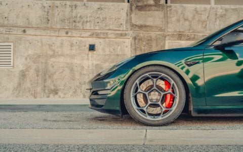 British Racing Green Tesla Model 3 - UP-05 Wheels in Satin Titanium