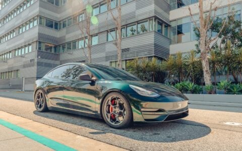 British Racing Green Tesla Model 3 - UP-05 Wheels in Satin Titanium