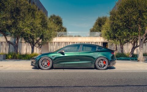 British Racing Green Tesla Model 3 - UP-05 Wheels in Satin Titanium