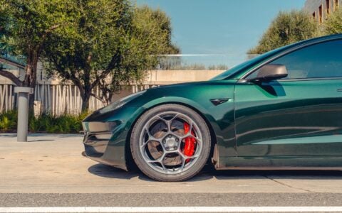 British Racing Green Tesla Model 3 - UP-05 Wheels in Satin Titanium