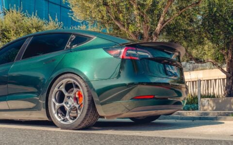 British Racing Green Tesla Model 3 - UP-05 Wheels in Satin Titanium