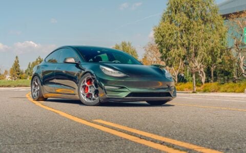 British Racing Green Tesla Model 3 - UP-05 Wheels in Satin Titanium