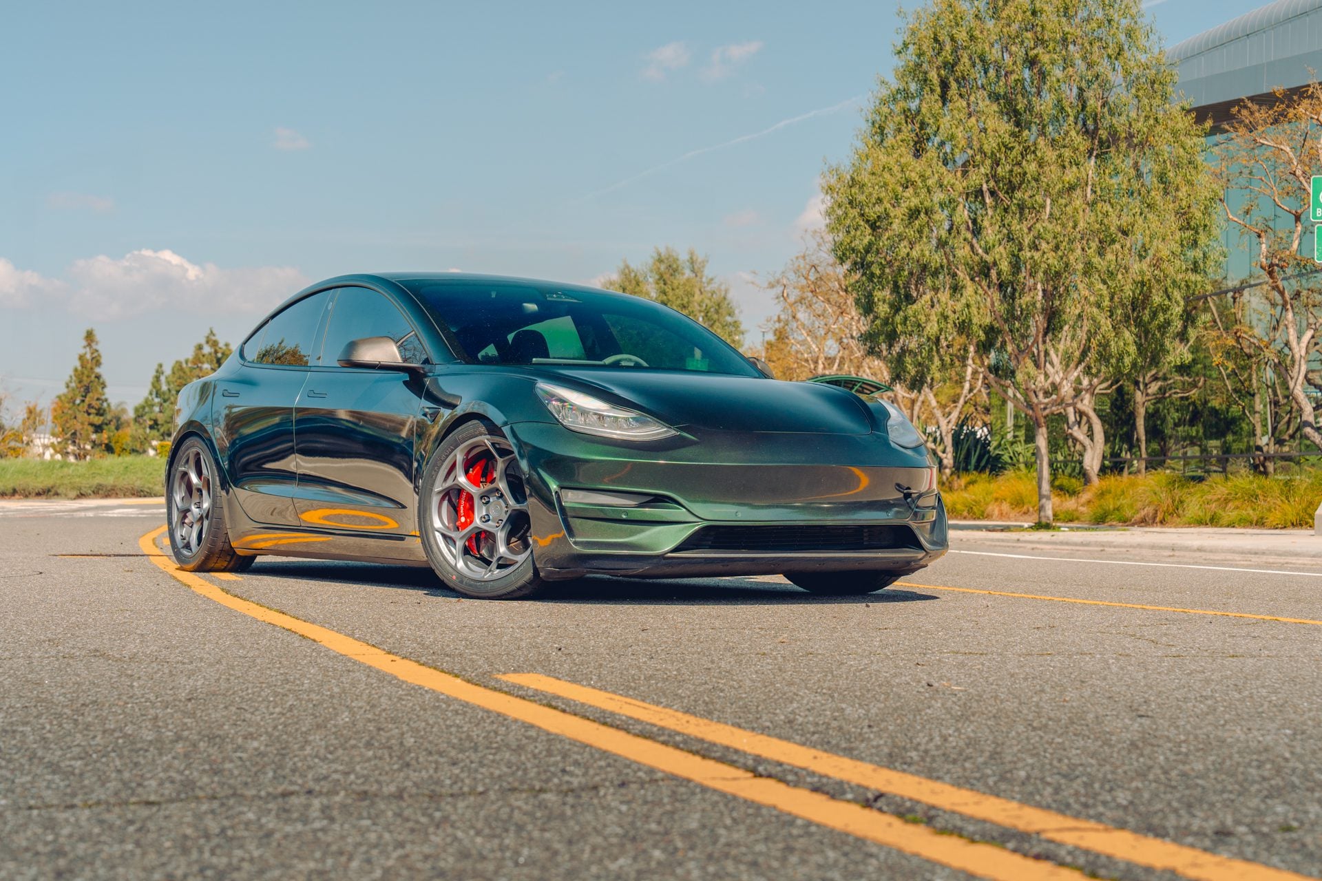British Racing Green Tesla Model 3 – UP-05 Forged Wheels in Satin Titanium