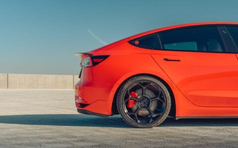 Satin Red Tesla Model 3 - UP-05 Wheels in Satin Black