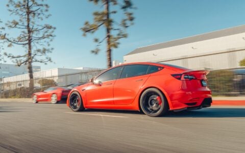 Satin Red Tesla Model 3 - UP-05 Wheels in Satin Black