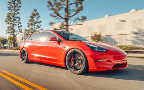 Satin Red Tesla Model 3 - UP-05 Wheels in Satin Black