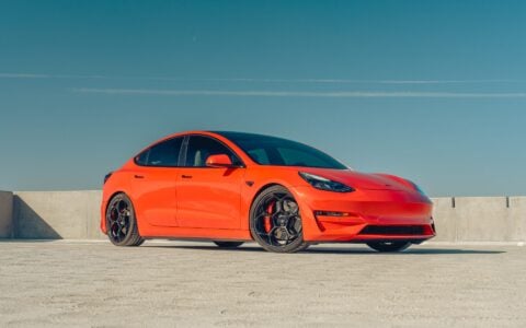 Satin Red Tesla Model 3 - UP-05 Wheels in Satin Black