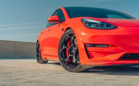 Satin Red Tesla Model 3 - UP-05 Wheels in Satin Black