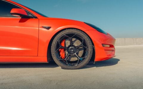 Satin Red Tesla Model 3 - UP-05 Wheels in Satin Black