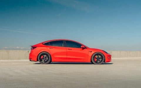 Satin Red Tesla Model 3 - UP-05 Wheels in Satin Black