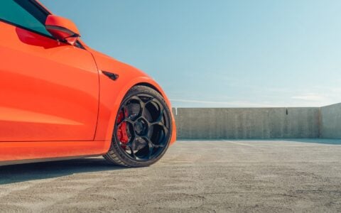 Satin Red Tesla Model 3 - UP-05 Wheels in Satin Black
