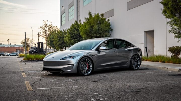 Quicksilver Tesla Model 3 Performance on 20-Inch UP Forged UP-03 Wheels in Satin Titanium