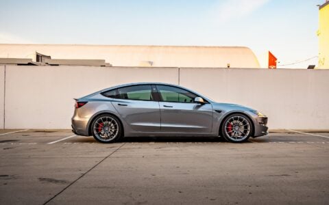 Quicksilver Tesla Model 3 Performance on 20-Inch UP Forged UP-03 Wheels in Satin Titanium 9