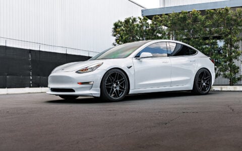 White Tesla Model 3 with 20 inch UP x BBS Flugplatz Wheels and UP Front Lip Spoiler